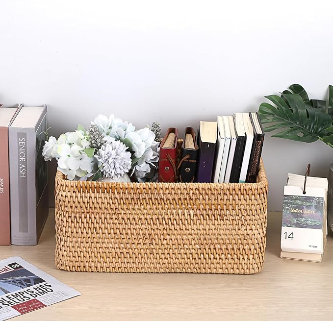 Hipiwe Rattan Wicker Basket for Shelf Organizer Natural Basket with Handles | Handwoven Open Storage Bin Rectangular Closet Organizer Bin Multipurpose Storage Box, 13.8" x 9.8" x 6.3" - Image 5