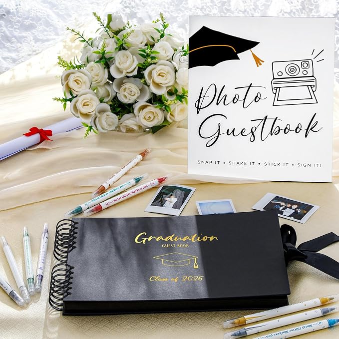 12 Pcs 2026 Graduation Guest Book with Photo Sign Decor 80 Pages Class of 2026 Scrapbook Photo Album with 10 DIY Dual Tip Metallic Markers Pens Gift, Exclude Camere(Graduation Cap,Black,10.4 Inches) - Image 6