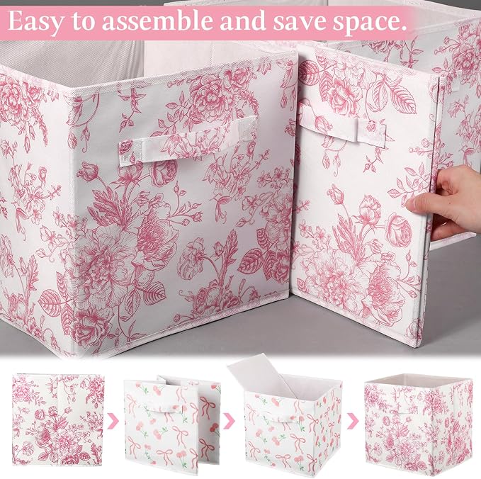 6 Pcs Pink Floral Cube Storage Bins 11 Inch Pink Flower Storage Basket with Handle, Preppy Girls Organizer Basket, Collapsible Fabric Box for Classroom Bedrooms Office Home Decoration Gift - Image 3
