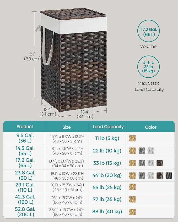 SONGMICS Laundry Hamper with Lid, 17.2 Gallon (65 L) Synthetic Rattan Clothes Laundry Basket with Lid and Handles, Foldable, Removable Liner, Chestnut Brown ULCB165K01 - Image 7