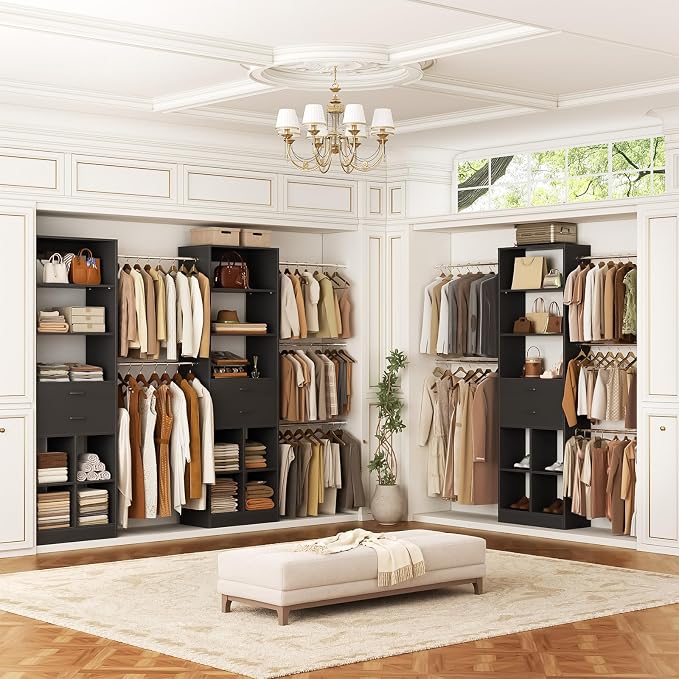 Besiost Closet System, 4-8 FT Closet Organizer Tower with 2 Wooden Drawers and Shelves, Can Fit 60 to 96 inch Walk-in Closet System with 5 Hang Rods, Built-in, Black - Image 2