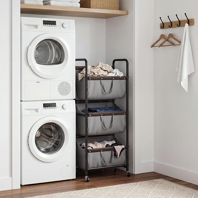 GRANNY SAYS 3 Tiered Laundry Sorter, Narrow Hamper Cart with Wheels | Sturdy 3 Section Laundry Basket with Wheels, Vertical Grey Hamper Cart for Bedroom, Bathroom, Apartment - Image 6