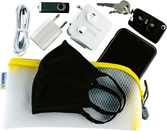 HERMA 20005 Zip Cosmetic Bag, Transparent (23 x 11 cm) Small Zippered Travel Pouch for Mobile Phone, Charging Cable, Cosmetics, pens, Keys, Clear Toiletry Bag with Zipper in Yellow - Image 2
