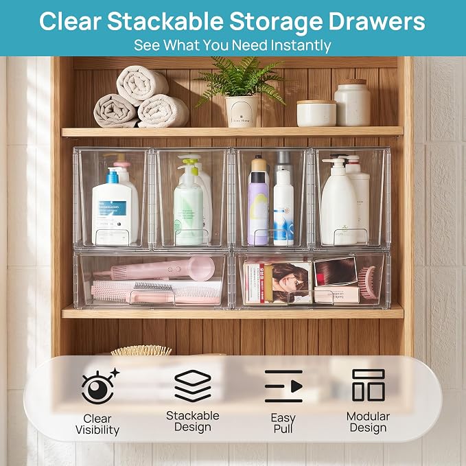 Vtopmart Clear Stackable Storage Drawers, 6 Pack Wide Tall Set | Wide and Tall Pull-Out PET Drawers with Stackable Design for Maximizing Space in Cabinets, Closets, Pantry - Image 3
