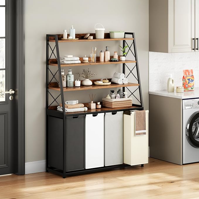 Herture Laundry Basket, 4 Section Laundry Hamper with 4 Tiers Shelf, Pull-Out and Removable Laundry Bags, Large 4 x 15.87 Gallons, for Laundry Room Bathroom Rustic Brown PF12XLN - Image 2
