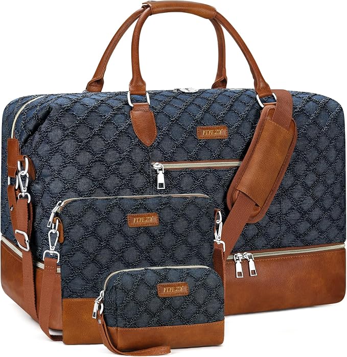 ITIEZY Weekender Bag for Women 21.5" Travel Duffel Large Carry On Bag 3PCS | Nylon Duffel Bag with Waterproof Shoe Compartment, Crossbody Bag and Toiletry Bag, Travel Weekend Hospital Overnight Gym Bag by ITIEZY