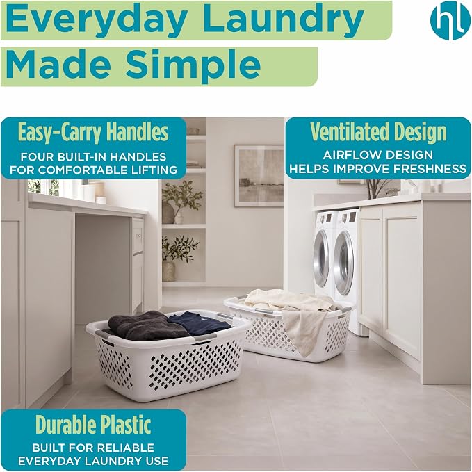 Home Logic 1.5 Bushel Plastic Laundry Basket Front Load, Large Laundry Hamper with Handles, Ventilated Clothes Organizer for Bedroom Bathroom Closet, 4 Pack, White - Image 3