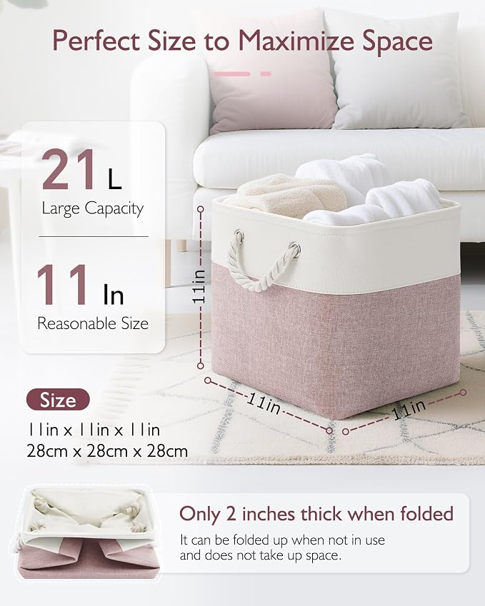 Patvingot 11-Inch Fabric Cube Storage Bins with Handles,6 Pack,Foldable | For cube shelves and closets,keeps grouped for everyday access,reinforced opening and fold-flat storage,white and pink - Image 2