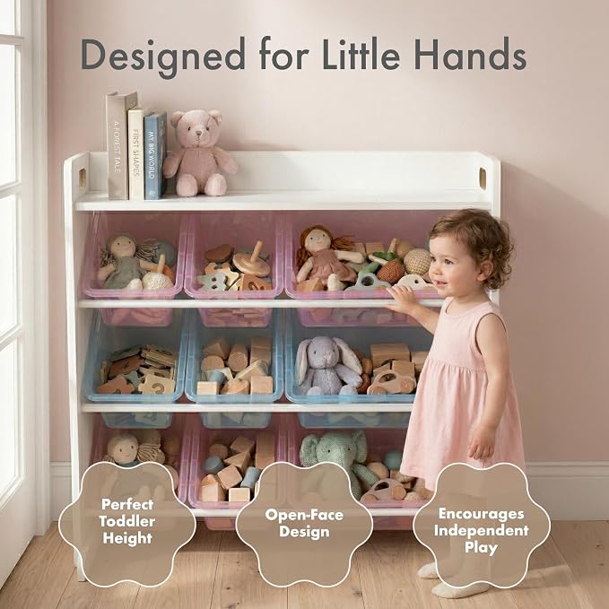 Humble Crew Kids Toy Organizer with Display Shelf, 9 Bins, 3 Tier Storage | Sturdy wood and steel toddler shelf, removable BPA-free containers, wall anchor anti-tip safety kit for bedroom or classroom - Image 3