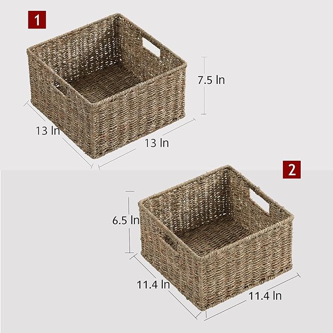 HOONEX Wicker Storage Baskets for Organizing, Decorative Woven Seagrass Baskets for Storage with Carrying Handles, Set of 2, Natural - Image 3