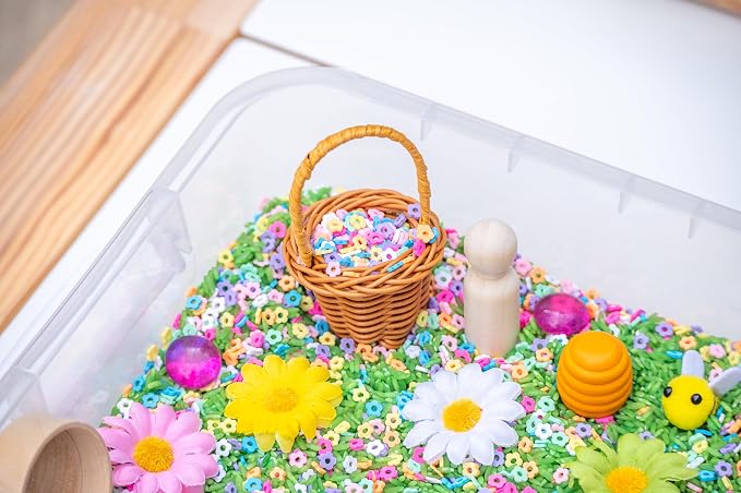 Spring Flower Sensory Bin Kit for Kids | Green Rice, Felt Bees, Wooden Eggs & Ladybugs, Floral Accessories & Wooden Tools – Includes Clear Storage Bin - Image 3