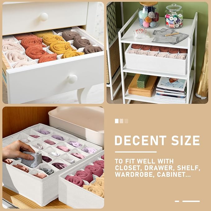 3 Pack Sock Underwear Drawer Organizer Dividers, 64 Cell Fabric Foldable Cabinet Closet Organizers and Storage Boxes for Storing Socks, Panties, Ties (16+24+24 Cell, White) - Image 4