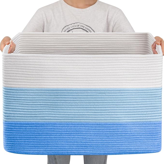 OIAHOMY 108L Extra Large Blanket Basket Dog Toy Basket Gradient Light Blue | Rectangle Woven Baskets for Storage Cotton Rope Basket For Living Room Toy Storage Blanket Storage Laundry Basket by MasterofSpaceOptimization