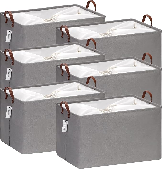 Hinwo 70L Extra Large Canvas Storage Bin with Lid and Handles, 6-Pack | Collapsible Fabric Baskets, Closet Shelf Organizers, Containers for Clothing, Blankets, Toys, Bedding (Gray) by Hinwo