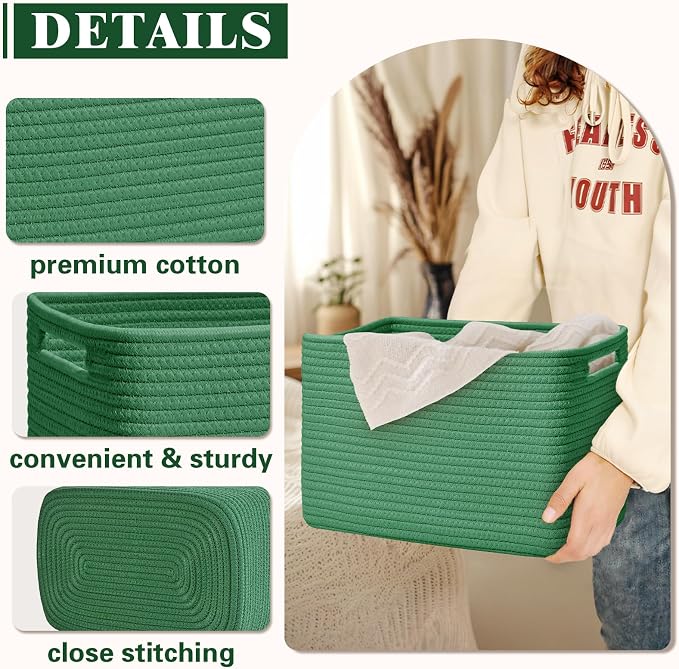 Storage Baskets for Organizing, 4 Pack Baskets for Shelves, Decorative Storage Bins for Shelves, Cotton Rope Storage Basket with Handles, Woven Basket for Storage, 13''Lx8.7''Wx7.9''H, Green - Image 5