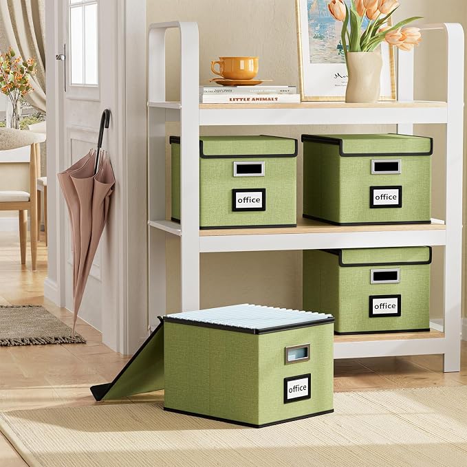 File Organizer Box with Lids, Collapsible File Folder Organizer | File Box with Plastic Slides for Document, Filing Bin for Letter Size Hanging File Folders (2 Pack, Dark Green) - Image 2