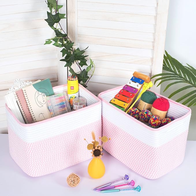 3-Pack Storage Baskets for Shelves, Decorative Baskets for Organizing, Woven Baskets for Storage, Book Basket, Cube Organizer, Cube Storage Bin Box, Closet Organizers, Light Pink - Image 3