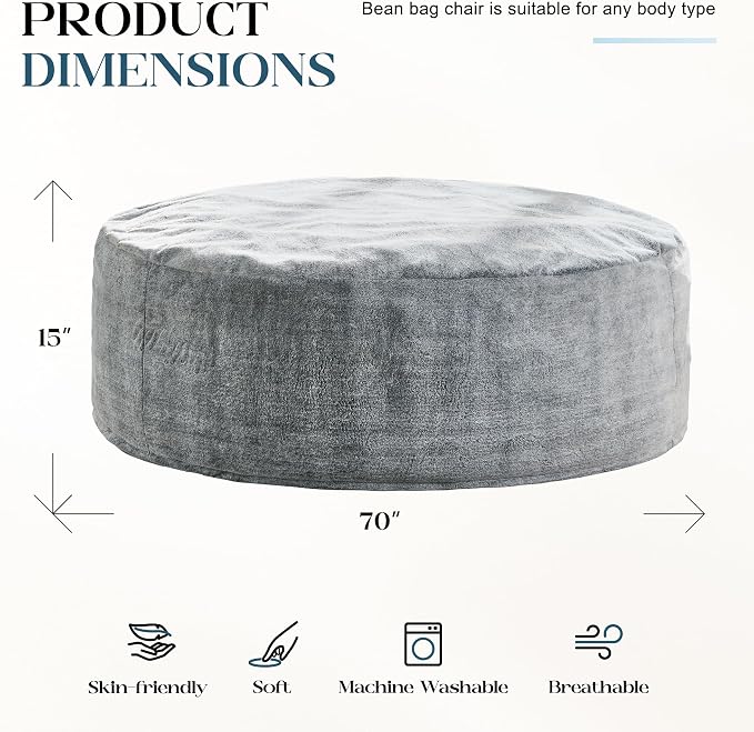 Hobestluk Bean Bag Chair for Adult Giant Beanbag with Filler Grey 6FT | Breathable Material Removable Machine Washable Cover Memory Foam Living Room Bedroom Reading Gaming Oversized Large Big - Image 2