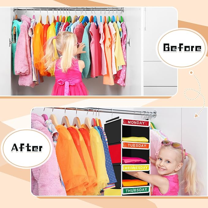 2 Pcs 7 Shelf Weekly Clothes Organizer for Kids Hanging Closet Organizer 11. 8 x 11. 8 x 50 Inches Daily Activity Kids Clothes Storage Drawers Cube Drawers Closet Hanging Shelves(Black) - Image 6