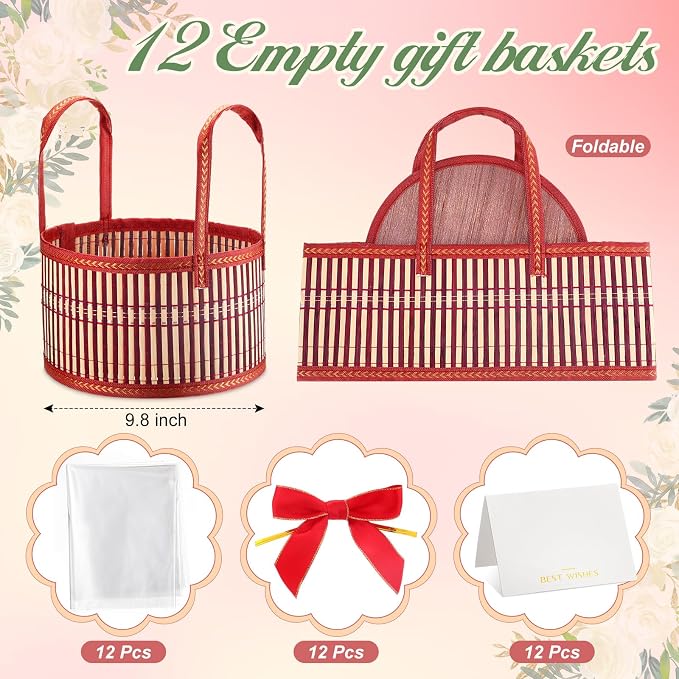 Weysat 12 Set Baskets for Gifts Empty Bulk, Large Woven Bamboo Gift Basket Kit with Handles, Bow, Wrap Bag to Fill for Raffle Thanksgiving Day Wedding Birthdays Party Wrapping (Red) - Image 2