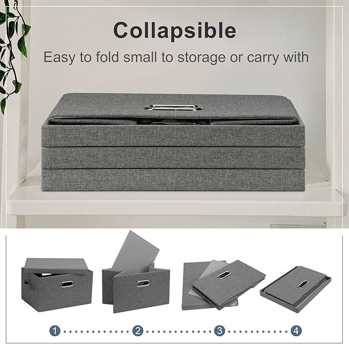 Graciadeco Medium 15" 21 Quart Collapsible Stackable Storage Bins with Lids, 3 Packs Grey Foldable Fabric Closet Boxes Heavy-duty Linen Cube Baskets Container for Bedroom Office (15 x 11 x 8) | 21 Quart 3 Pack Gray1 Collapsible Stackable Linen Fabric 4... - Image 4