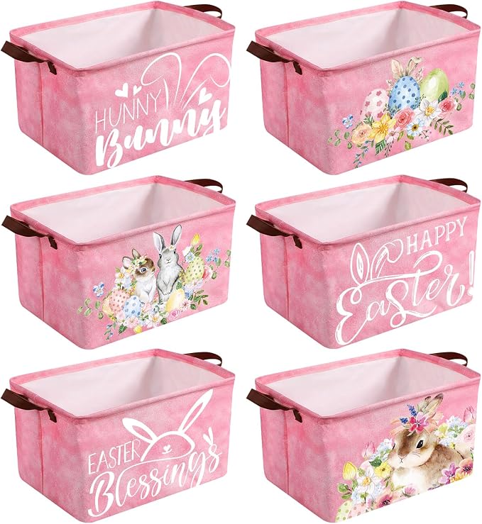 CHENGU 6 Pack Easter Storage Bin Collapsible Cute Easter Basket for Gift Large Pink Bunny Eggs Holiday Decor Rabbit Hunny Bunny Basket Foldable Farmhouse Flower Box with Handle for Bedroom Office Home by CHENGU