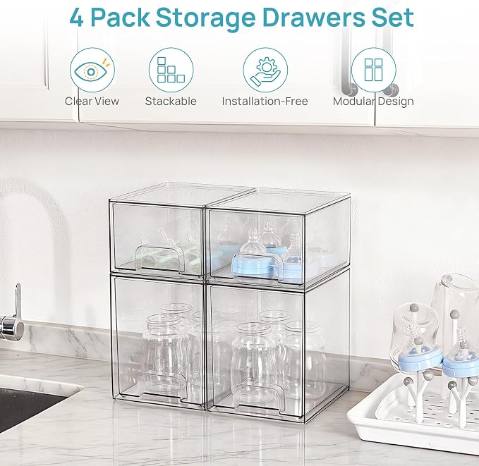 Vtopmart Clear Stackable Storage Drawers Set of 4, Baby Bottle Organizer | Multi-purpose Plastic Boxes Ideal for Kichen Countertop, Vanity, Bathroom, Cabinet, Pantry Organization - Image 3