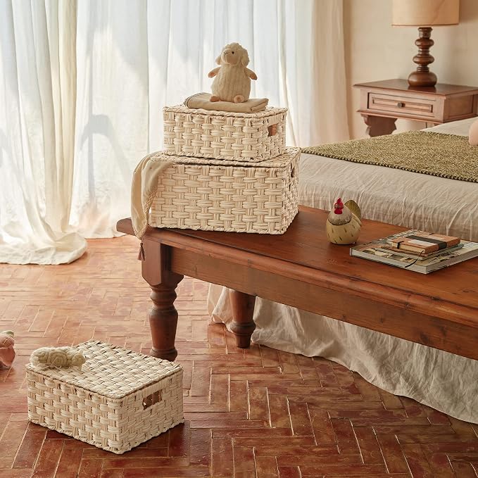 GRANNY SAYS Wicker Baskets with Lids, Woven Storage Basket with Lid | Woven Baskets with Lids, Wicker Baskets for Storage, Decorative Storage Boxes, Woven Stackable Basket with Lid, 3 Pack - Image 3