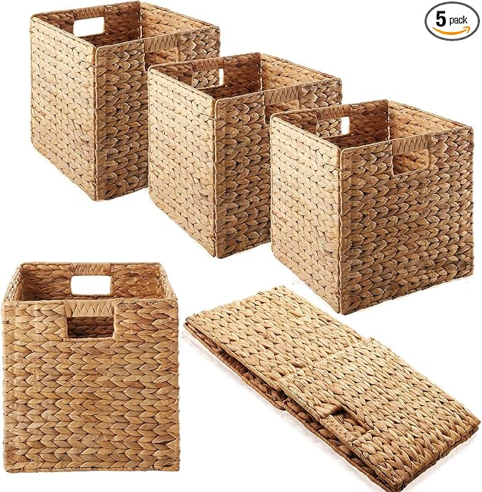 5Pack Woven Shelf Baskets, 10.5'' Water Hyacinth Handmade Open Storage Bins, Light Brown Pantry Baskets Organization Basket Foldable Storage Bins for Bedroom, Cubby Cubes Wicker Basket with Handles by WENFOME