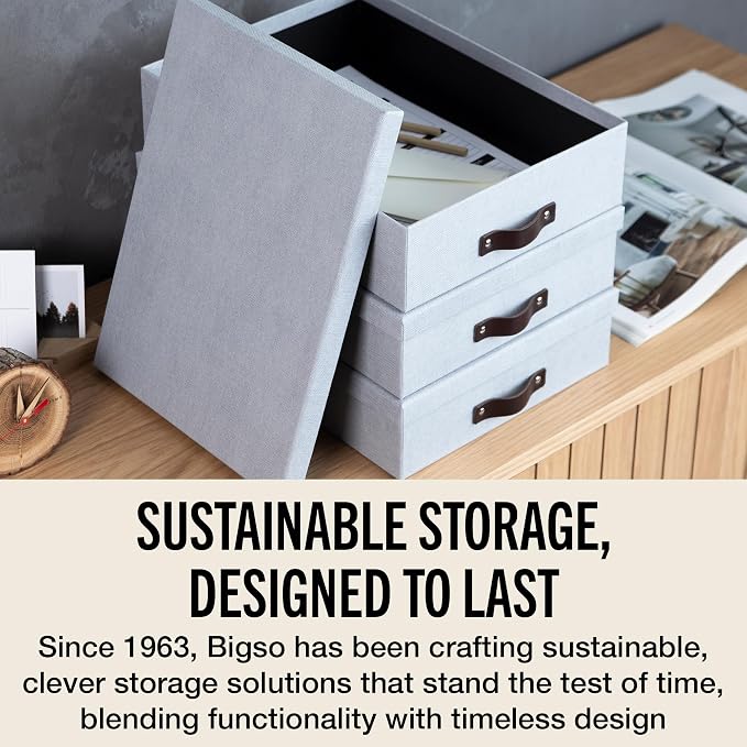 Bigso Oskar Canvas Fiberboard Document Letter Box - File Organizer Box for Important Paperwork - Document Storage with a Lid & Leather Handle - 3.3 in x 10.2 in x 13.8 in - 3 Pack - Ash - Image 7