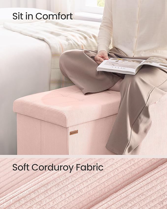 SONGMICS Mazie Collection - Storage Ottoman Bench, Foldable Foot Rest, 15 x 30 x 15 Inches, End of Bed Bench, Storage Chest, Load 660 lb, Living Room, Bedroom, Entryway, Jelly Pink ULSF603R01 - Image 4