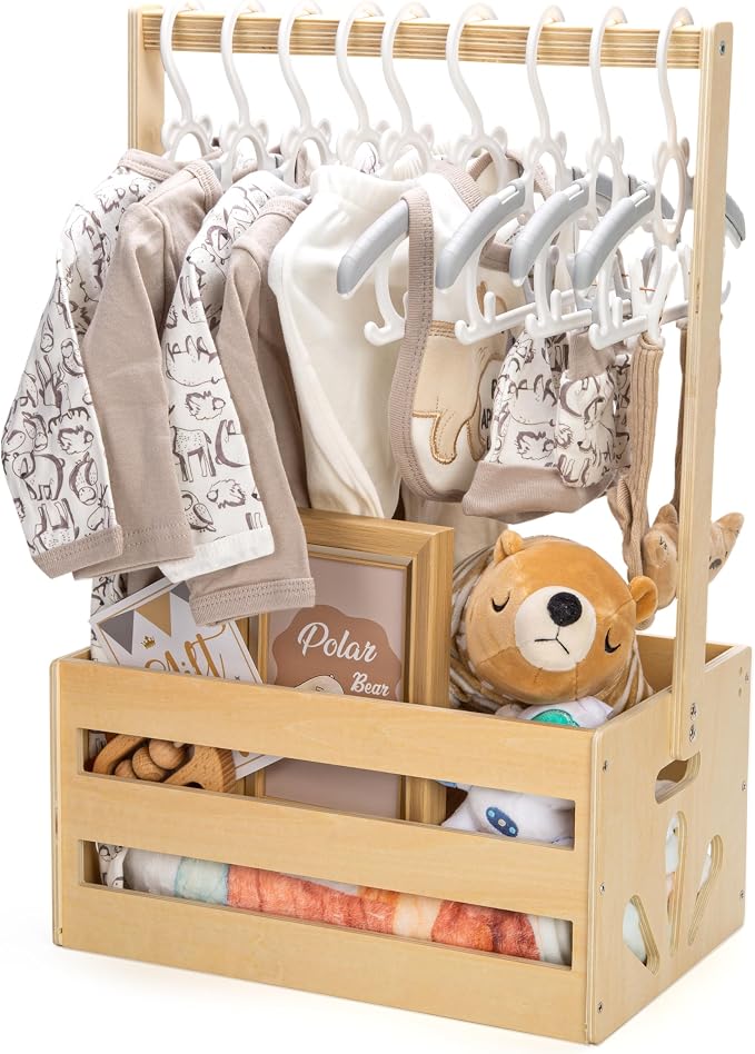 Wooden Baby Shower Crate Closet, Baby Storage Crate Hamper with Handle | Basket for Baby Shower Gifts, Welcome Gift Basket for Newborn Boys Girls, Pregnancy Gifts for New Parents by GiftAmaz