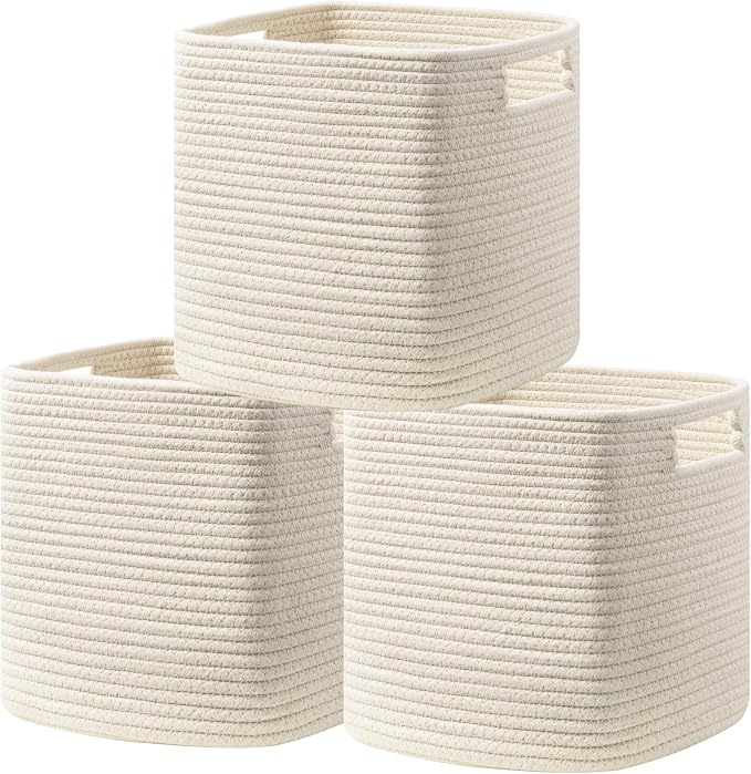UBBCARE Set of 3 Cotton Rope Basket 13 X 13 X 13 Inches, Woven Storage Baskets for Shelves, Organizing with Handles, Cube Storage Bins for Storage Books, Magazines, Beige by UBBCARE