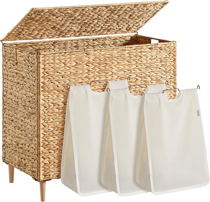 SONGMICS Laundry Hamper 3 Sections, 47.5 Gal. (180 L) Handwoven Water Hyacinth Wicker Laundry Basket with Lid, Natural Material, Removable Machine Washable Liners, Handles, Natural ULCB203Y01 by Unknown