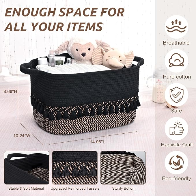 2 Pack Storage Basket for Shelves, Boho Cotton Rope Storage Bins with Heavy Tassel, Shelf Baskets Large Woven Baskets for Organizing, Cube Organizer Bins, Baby Laundry Basket for Clothes, Toys, Pets - Image 3