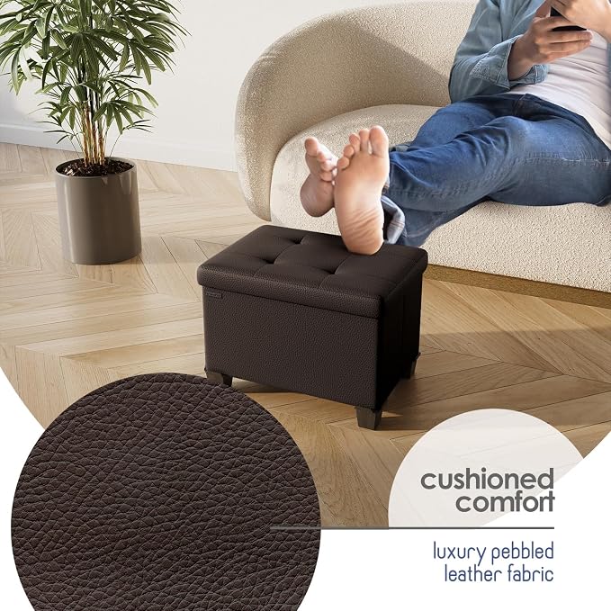 Storage Ottoman Cube with Small Bin, 16-in Square Ottoman with Storage for Living Room and Bedroom, Small Ottomans Foot Rest, Leather Foot Stools Ottomans Max 330lbs, Brown - Image 7