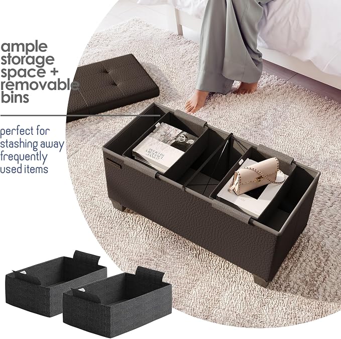 Storage Ottoman Bench with Bins, 30-in Storage Bench for Bedroom End of Bed, Folding Foot Rest Ottoman for Living Room Max 660lbs, Faux Leather Ottomans, Brown - Image 3