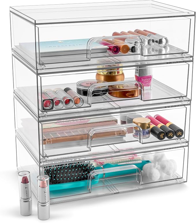 Sorbus Clear Stackable Storage Drawers (4 Pack, 12.1'' Wide) | Acrylic containers with pull-out bins keep cosmetics, brushes and daily items sorted on bathroom counters or in cabinets. - Image 8