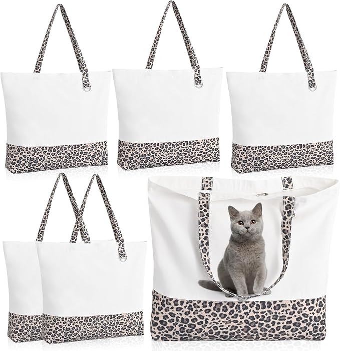 6-Pack Canvas Tote Bags with Zipper, Large Grocery Tote, Leopard Print | Reusable, washable, inner pocket, flat bottom, sturdy handle, for sublimation DIY/transfer, travel/beach/gift/Christmas craft by HWJH