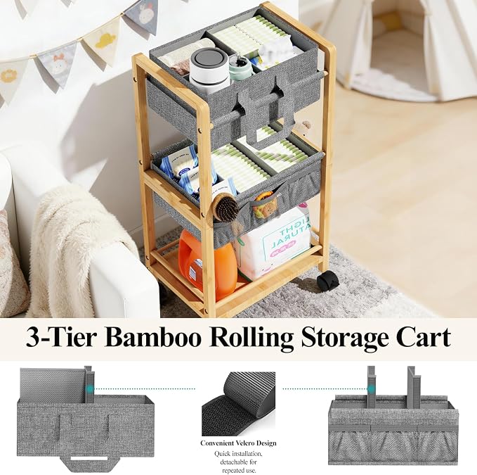 Bamboo Diaper Caddy Cart with Wheels - 3-Tier Rolling Storage，Light Grey | Removable bins, side pockets, sturdy handle, smooth wheels. For nursery, living room, laundry, pet. Natural bamboo, versatile - Image 4