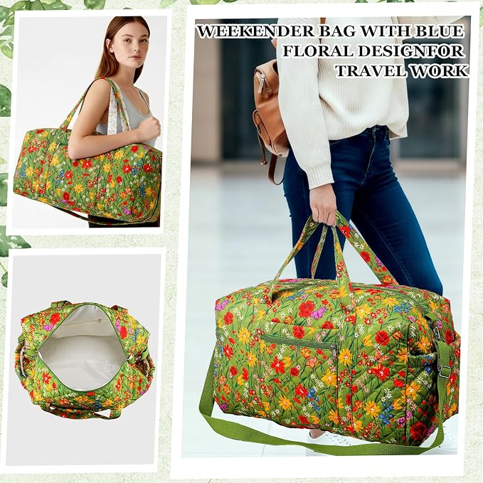 Dansydaisy Large Quilted Travel Duffle Bag for Women Floral Portable Gym Weekender Bag with Zipper Pockets Workout Grocery Pouch Duffle Gift Pouch for Work(Yellow Green Grassland) - Image 5