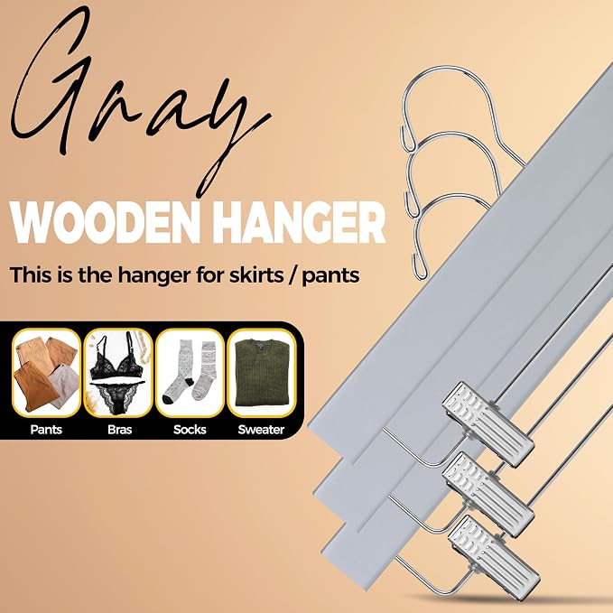 Quality Hangers Wooden Pants Hangers - 10-Pack Swivel Hook Cloth Hanger Set - Lotus Wood Skirt, Pant, Shorts and Slack Hangers with Adjustable Clip – Gray Clothing Hanger (Gray, 10) - Image 7