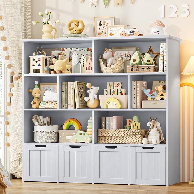 Toy Storage Organizer with Movable Drawer Toy Organizer for Kids | Kids Bookshelf and Toy Chest Storage with Hidden Wheels, Toy Organizers and Toy Storage for Playroom, Gray by finetones