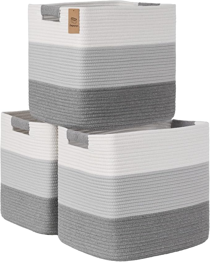 15×13 Inch Storage Cubes, 3 Pack Cube Storage Bins for Organizing, Cotton Rope Woven Baskets for Shelves, Bathroom, Kids Room, Closets, Baby Nursery by Degeyoyo