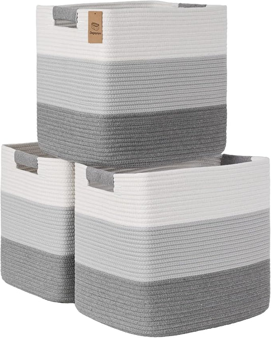 15×13 Inch Storage Cubes, 3 Pack Cube Storage Bins for Organizing, Cotton Rope Woven Baskets for Shelves, Bathroom, Kids Room, Closets, Baby Nursery by Degeyoyo