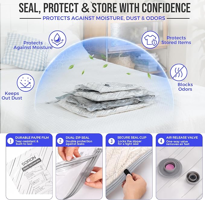 SORON Vacuum Seal Bags for Clothing Travel with Pump, Vacuum Storage Bags | 20 Pack Compression Packing, 4 Sizes for Clothes, Reusable Space Saver for Carry-On & Checked Luggage or Suitcase - Image 7