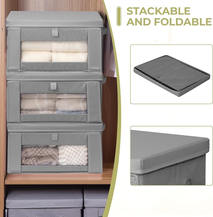 Thick Fabric Storage Bins with Lids, Collapsible Storage Box Closet Shelf with Clear Window, Decorative Baskets for Clothes, 3 Set, Grey, Medium - Image 4