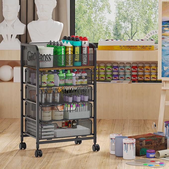 Yociyoga 5-Tier Craft Cart with Wheels-Rolling Storage Cart with Drawers,Rolling Utility Cart with DIY Divider,Art Supply Organizer Cart,Rolling Cart with Drawers,Craft Organizers and Storage,Black - Image 3