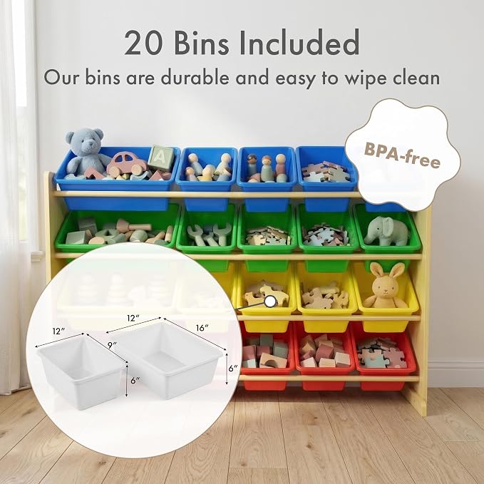 Humble Crew Kids Toy Organizer with 20 Bins, 4 Tier Storage for Playroom | Sturdy wood and steel toddler shelf, removable BPA-free containers, wall anchor anti-tip safety kit for bedroom or classroom - Image 3