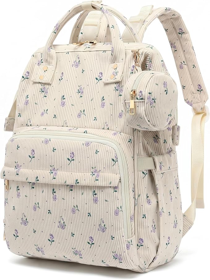 Baby Diaper Bag Backpacks for Mom Dad, Corduroy Large Capacity Multifunction Nappy Bag with Pacifier Case, Baby Travel Essentials Diaper Backpack for Boys Girls - Flowers Purple by Unknown